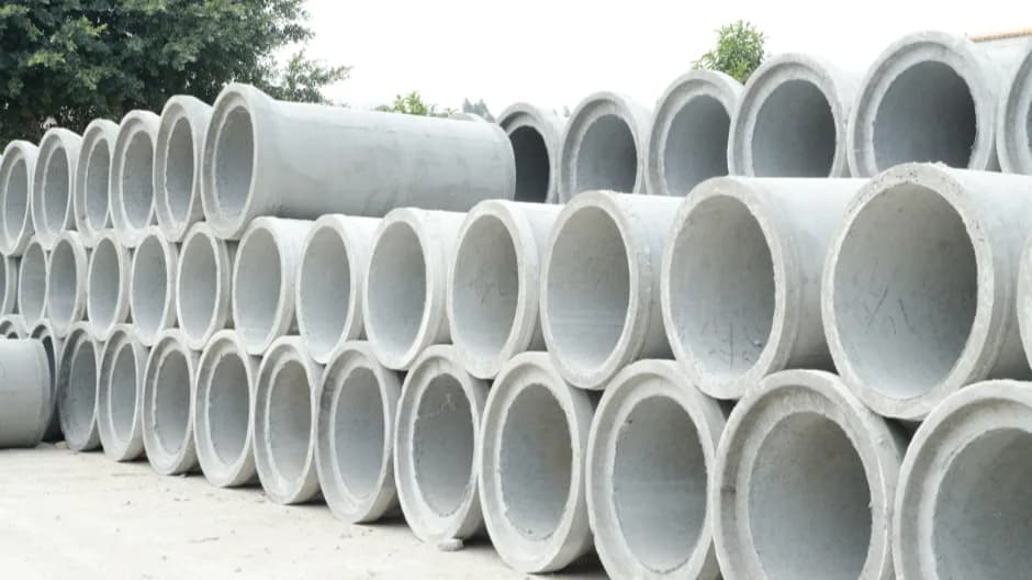 Concrete culvert rings stacked in rows at the yard